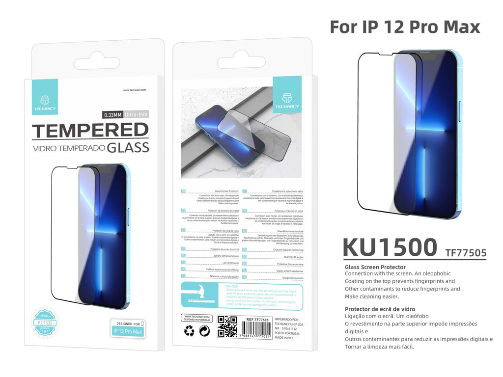 Protetor de ecrã premium para smartphone Techancy, KU1500, vidro temperado de 0,33 mm, compatível com iPhone 12 Pro Max-2