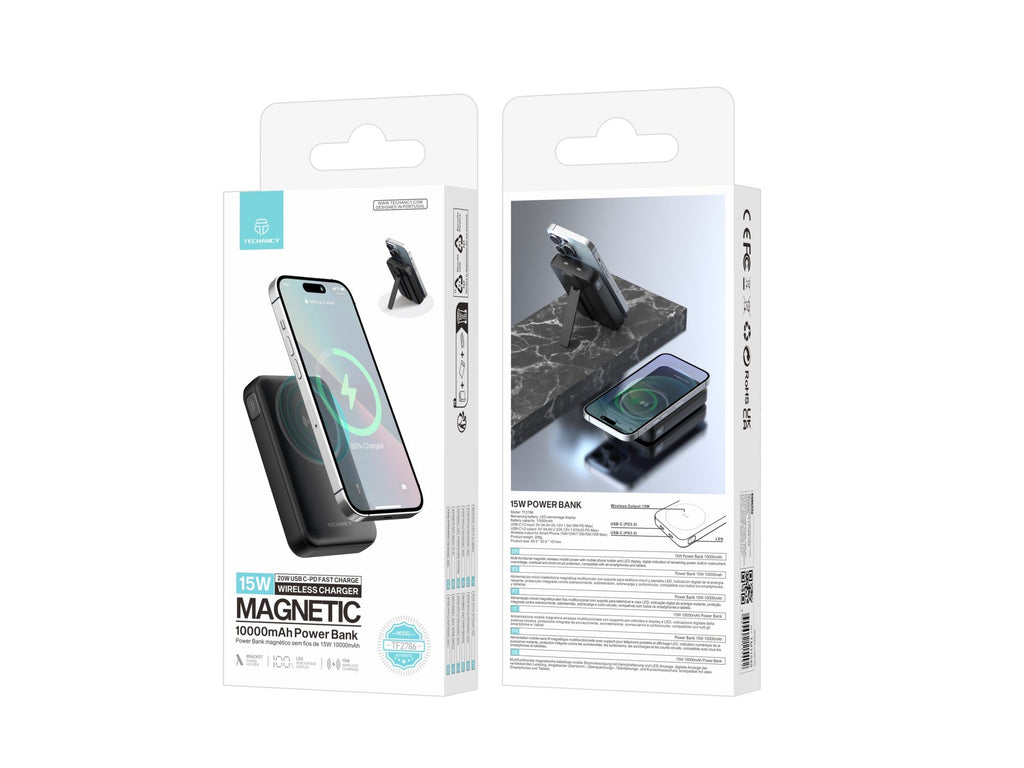 Techancy Power Bank Magnetico TF2786 10000mAh Carregamento Rapido Sem Fios 15W PD 20W Compativel com MagSafe Suporte Integrado Ecrã LED Preto-4