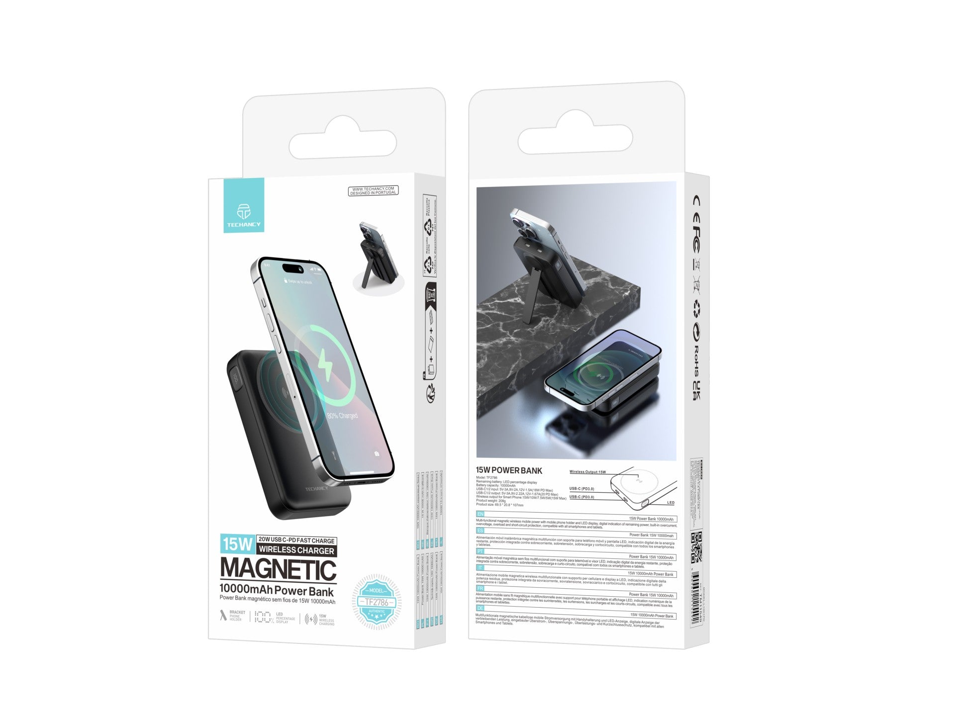 Techancy Power Bank Magnetico TF2786 10000mAh Carregamento Rapido Sem Fios 15W PD 20W Compativel com MagSafe Suporte Integrado Ecrã LED Preto-4