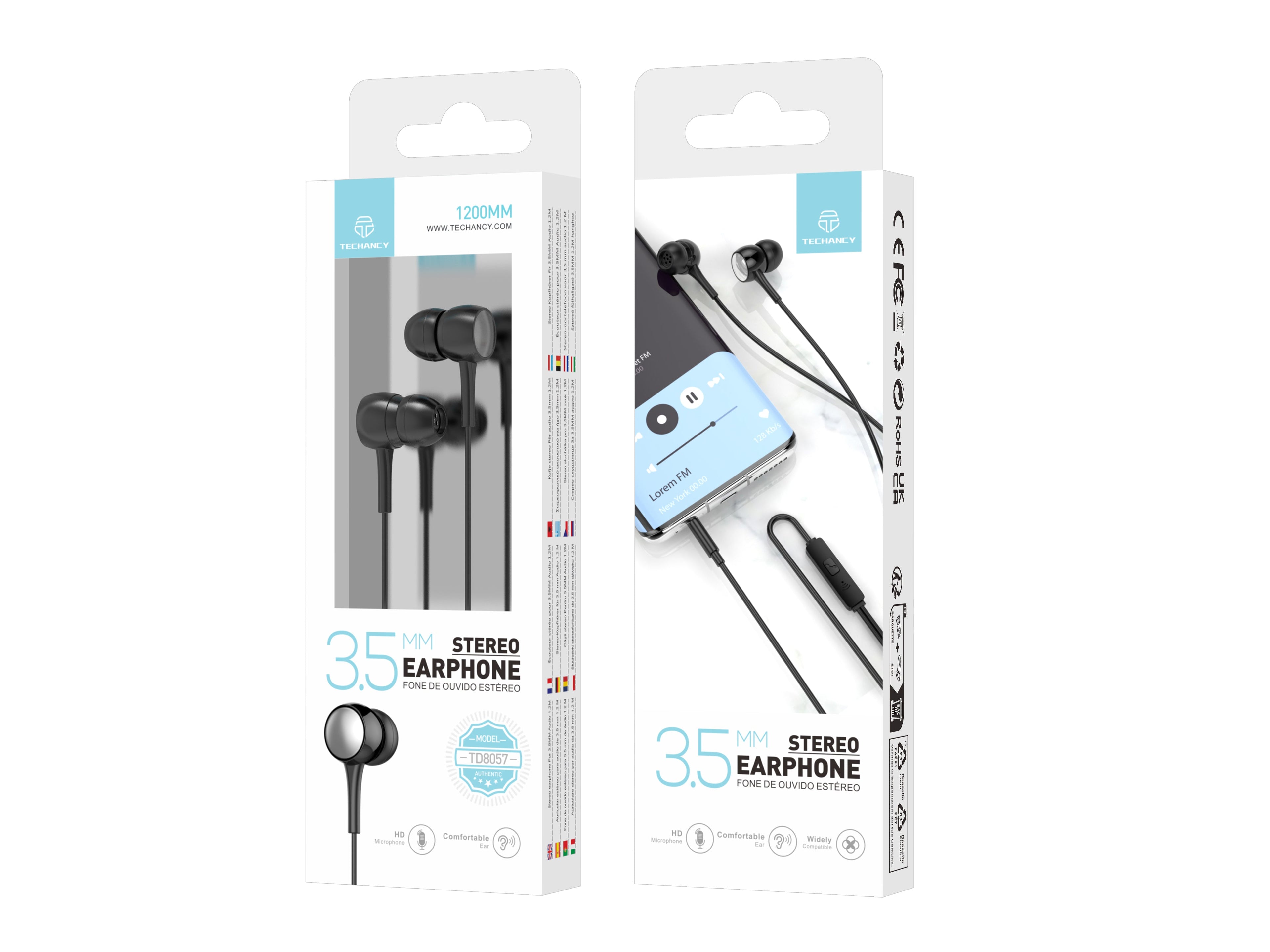 Techancy Auscultadores Intra-Auriculares Com Fios Pretos 1,2 M TD8057, Tomada De 3,5 Mm Compatível Com Telemóveis/Pc/Mp3, Etc.-1