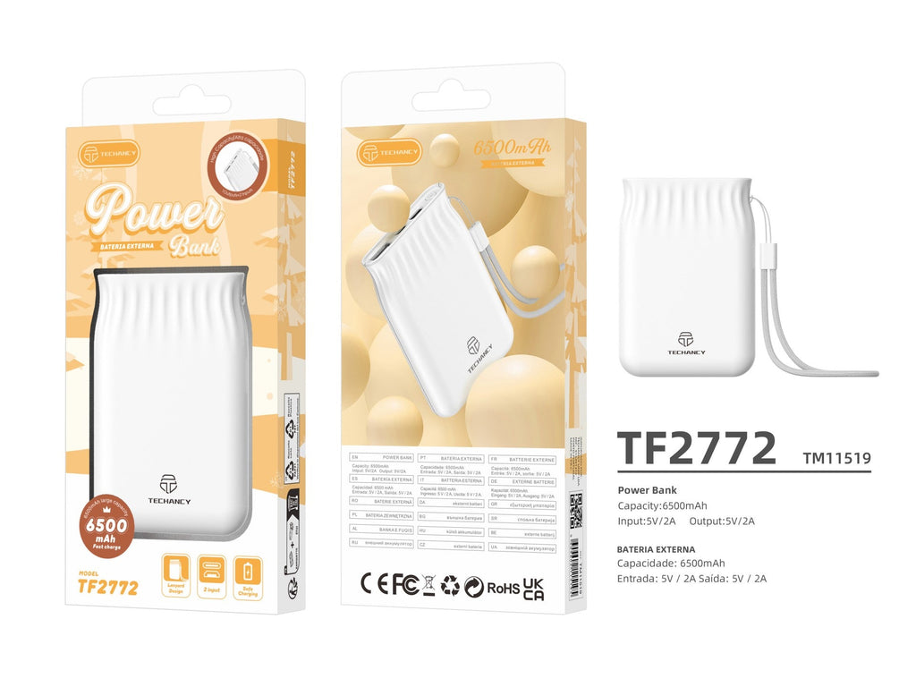Techancy 6500mah Power Bank Branco TF2772，Carregamento De Telemóvel/Tablet Compatível Com 2A, Fonte De Alimentação Portátil-2