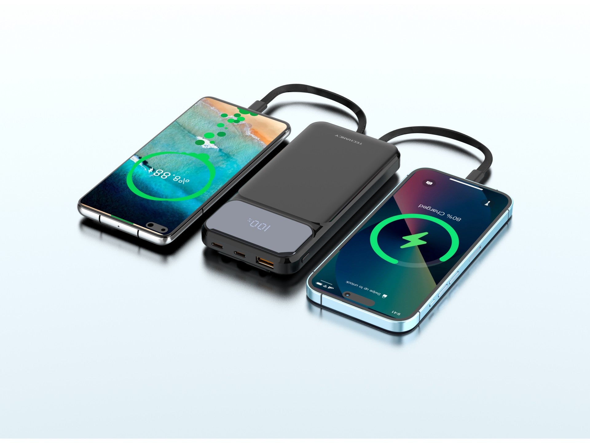 Techancy Power Bank 10000 Mah 22.5w  TF2782, Cabo De Carregamento Type-C+Lightning+ Usb 3in1, Ecrã Digital De Potência-3