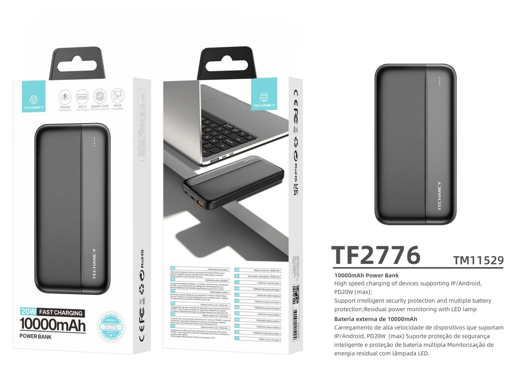 Techancy Power Bank 10000mah Preto TF2776, Carregamento Rápido Pd20w Para Smartphones, Tablets E Muito Mais!-2
