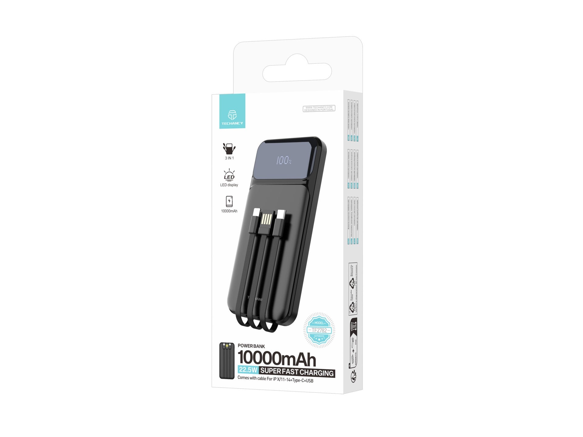 Techancy Power Bank 10000 Mah 22.5w  TF2782, Cabo De Carregamento Type-C+Lightning+ Usb 3in1, Ecrã Digital De Potência-4