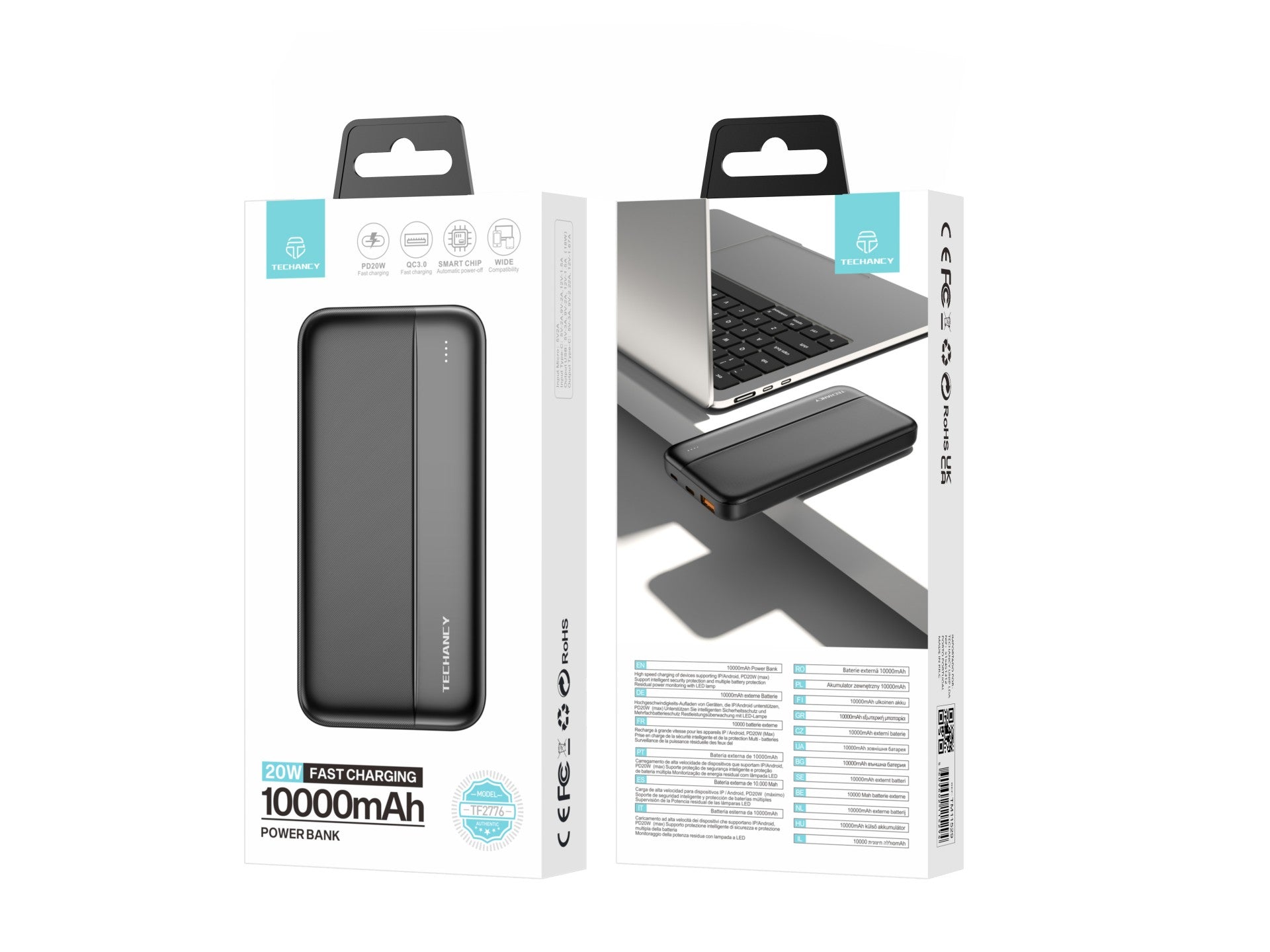 Techancy Power Bank 10000mah Preto TF2776, Carregamento Rápido Pd20w Para Smartphones, Tablets E Muito Mais!-1