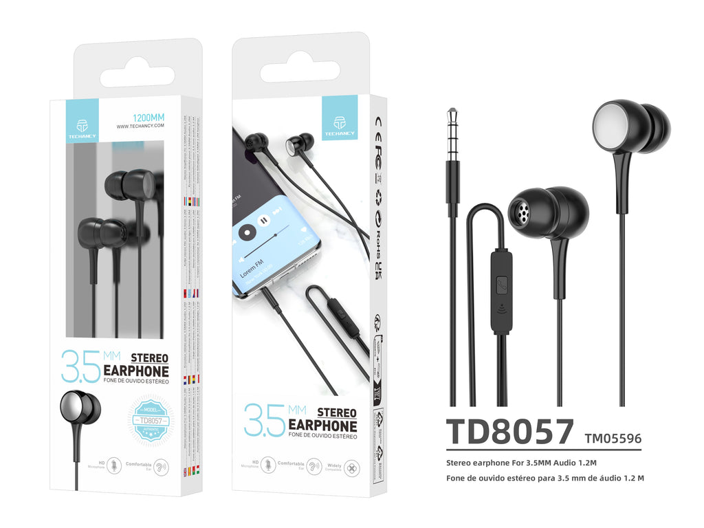 Techancy Auscultadores Intra-Auriculares Com Fios Pretos 1,2 M TD8057, Tomada De 3,5 Mm Compatível Com Telemóveis/Pc/Mp3, Etc.-2