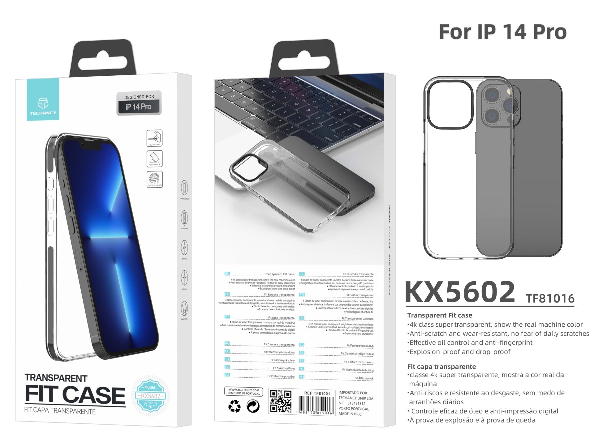 Capa transparente para telemóvel Techancy New Acrylic, KX5602, compatível com iPhone 14 Pro, transparente + Preto-2