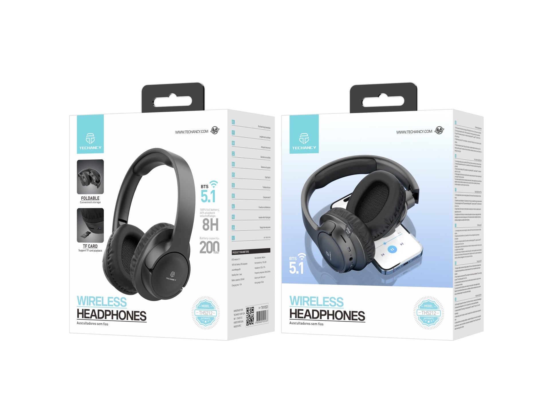 Techancy Auscultadores Sem Fios TH5212, Reprodução De Música 8h, Efeito Estéreo, Design Dobrável, Confortável De Usar.-1