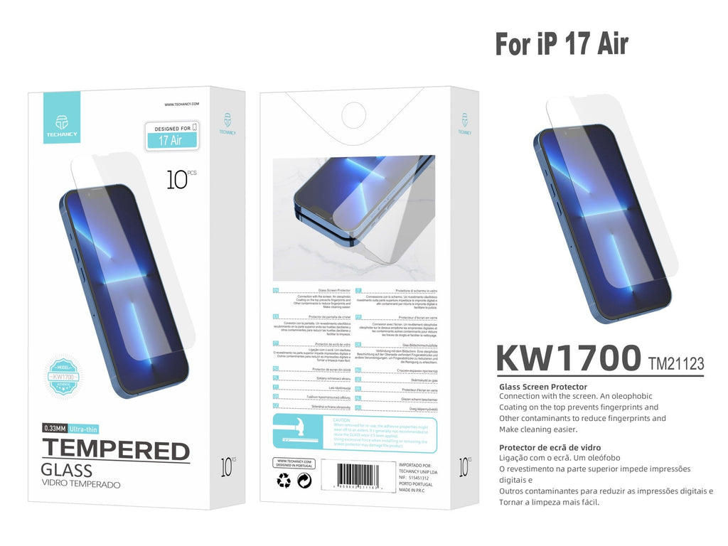 Techancy Pelicula de Vidro Temperado para iPhone 17 Air KW1700, 0.33MM Ultra Fino, Anti Impressao Digital, Anti Riscos, Transparente HD-4