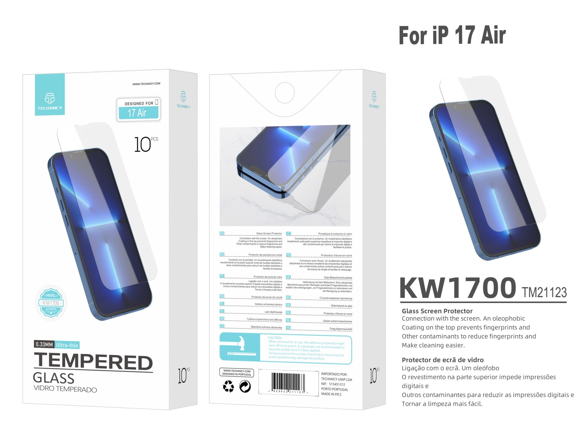 Techancy Pelicula de Vidro Temperado para iPhone 17 Air KW1700, 0.33MM Ultra Fino, Anti Impressao Digital, Anti Riscos, Transparente HD-4