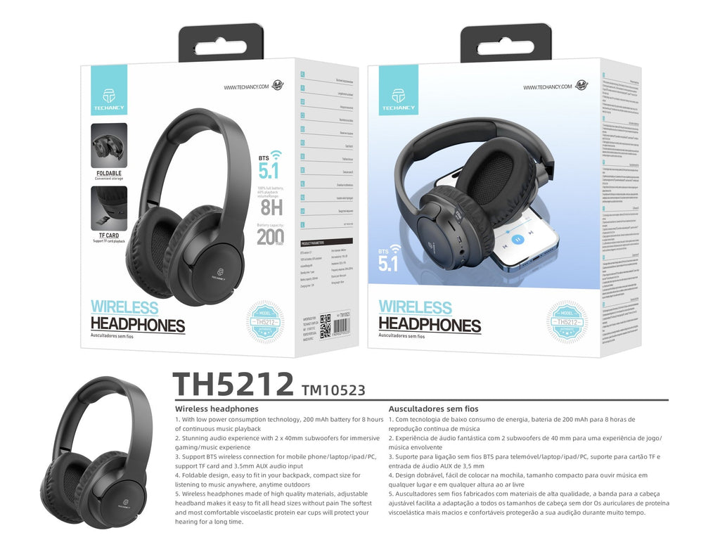Techancy Auscultadores Sem Fios TH5212, Reprodução De Música 8h, Efeito Estéreo, Design Dobrável, Confortável De Usar.-2
